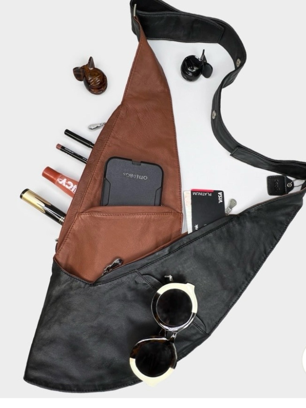 Sash, Women's Black Leather Crossbody Sling Bag with Brown Interior Lining